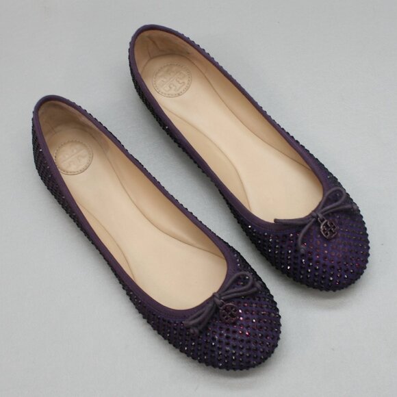 Tory Burch Ladies 10 Purple Suede Leather Crystals Strass Bow Ballet Shoes Flats - Picture 6 of 12